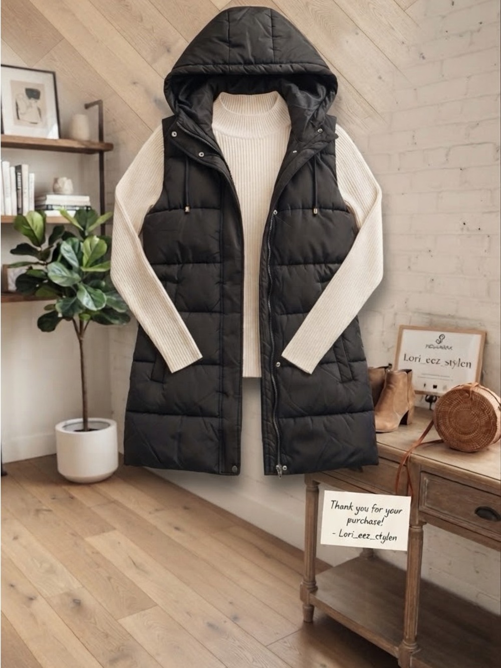 Sleeveless Hooded Longline Puffer Vest - Black